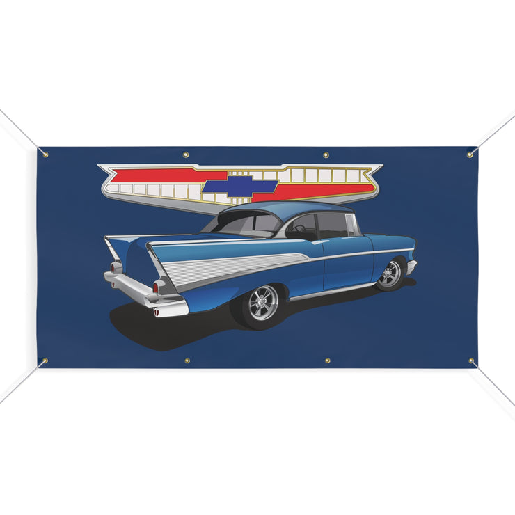 57 1957 Chevy Garage Shop Banner Tribute Blue Matte Banner