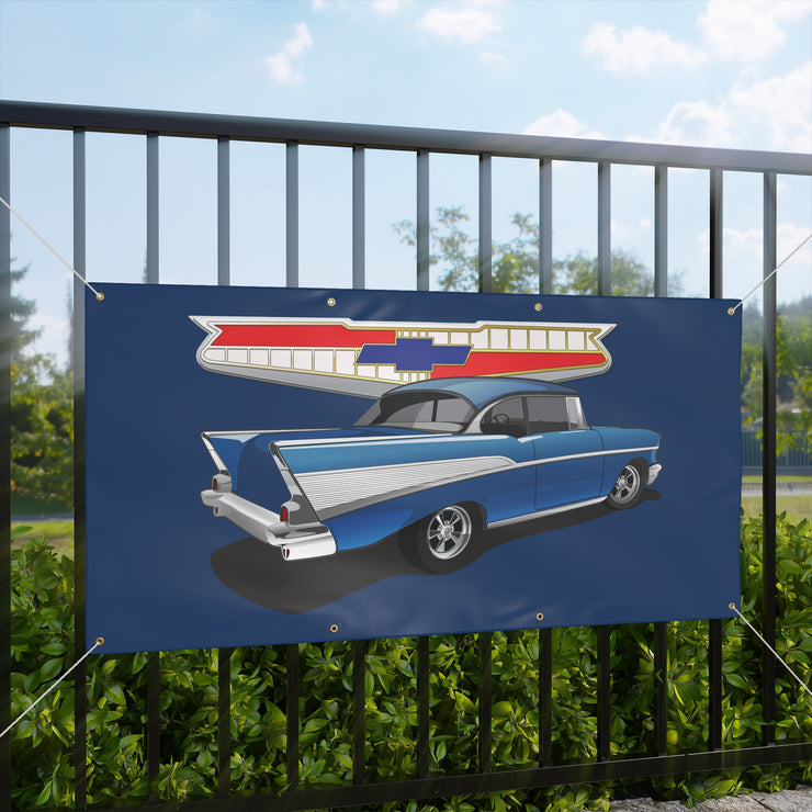 57 1957 Chevy Garage Shop Banner Tribute Blue Matte Banner