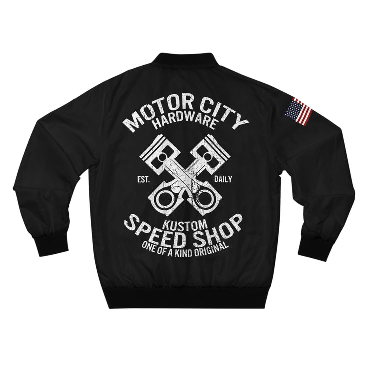 Motor City Speed Shop Distressed Vintage Men's AOP Bomber Jacket Black/White